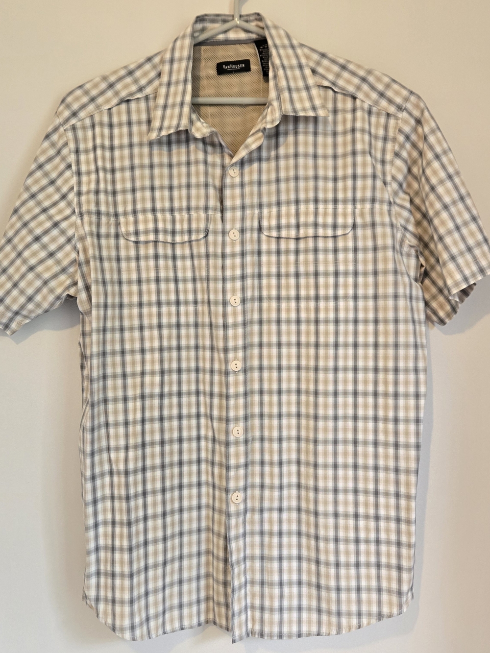 VanHeusen Men's Short-Sleeve Plaid Button-Down Shirt - Mesh Vets Airy Large